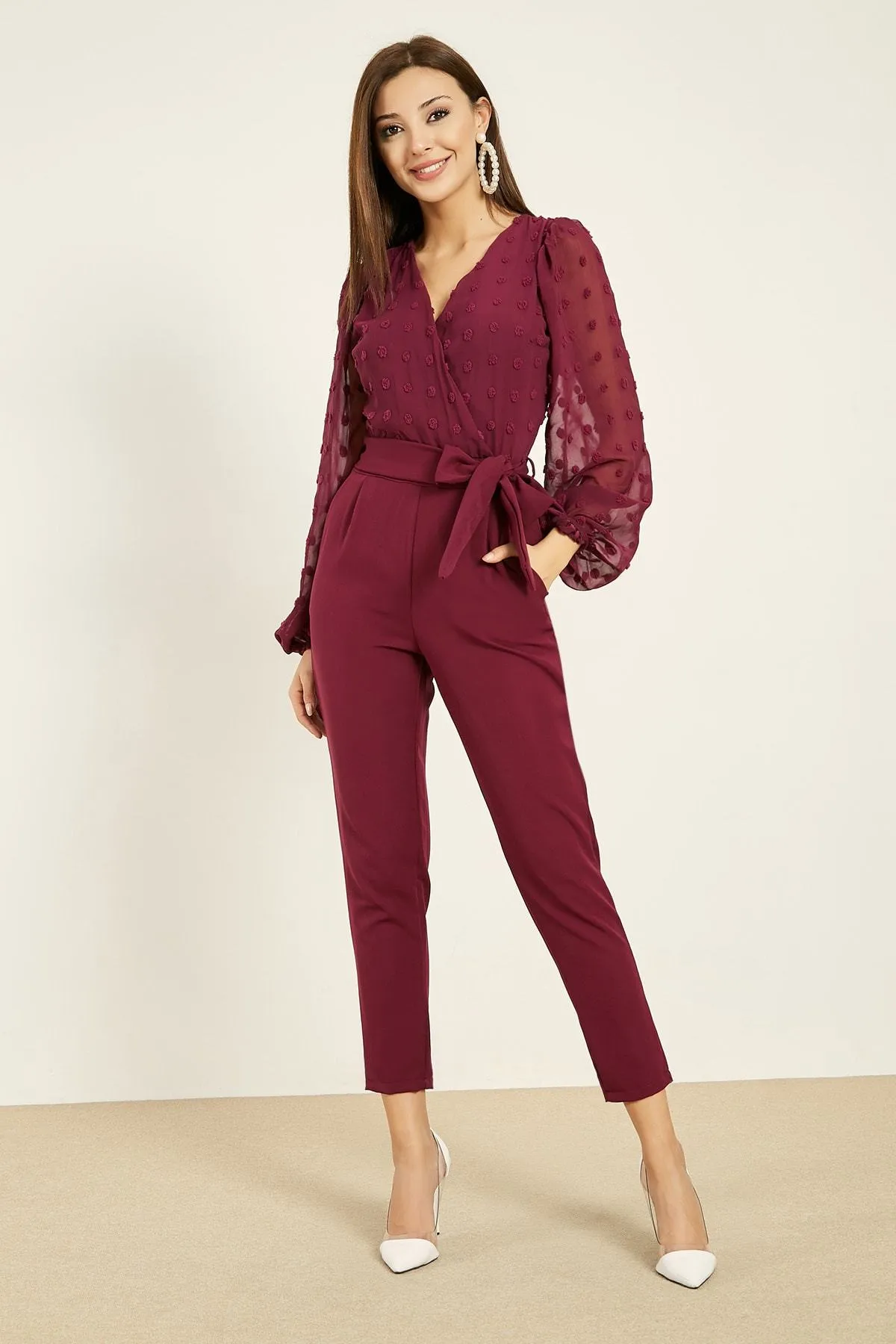 16138 Purple Patterned Chiffon Sleeve Jumpsuit