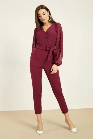 16138 Purple Patterned Chiffon Sleeve Jumpsuit