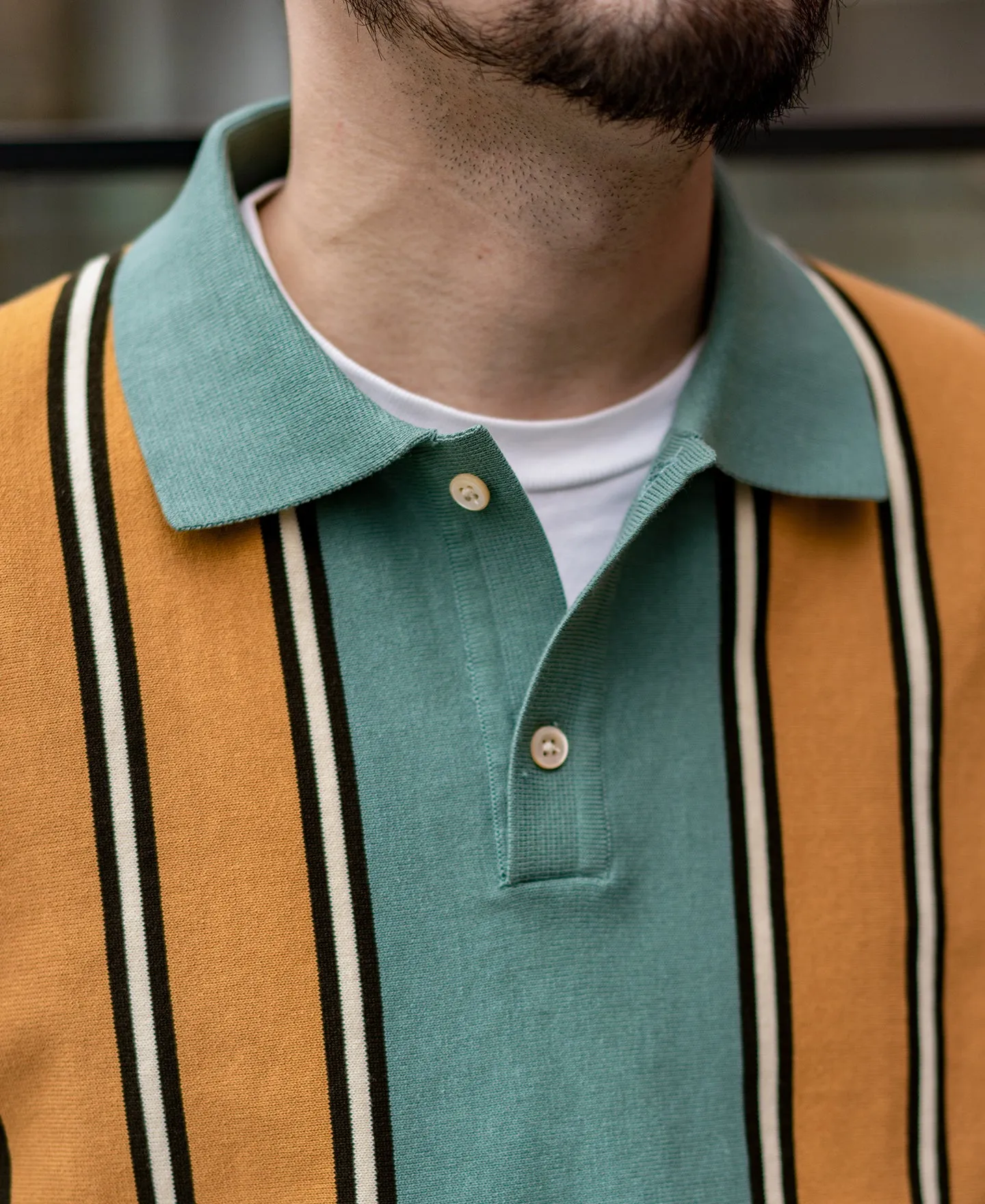 1950s Contrast Stripe Long Sleeve Polo Shirt