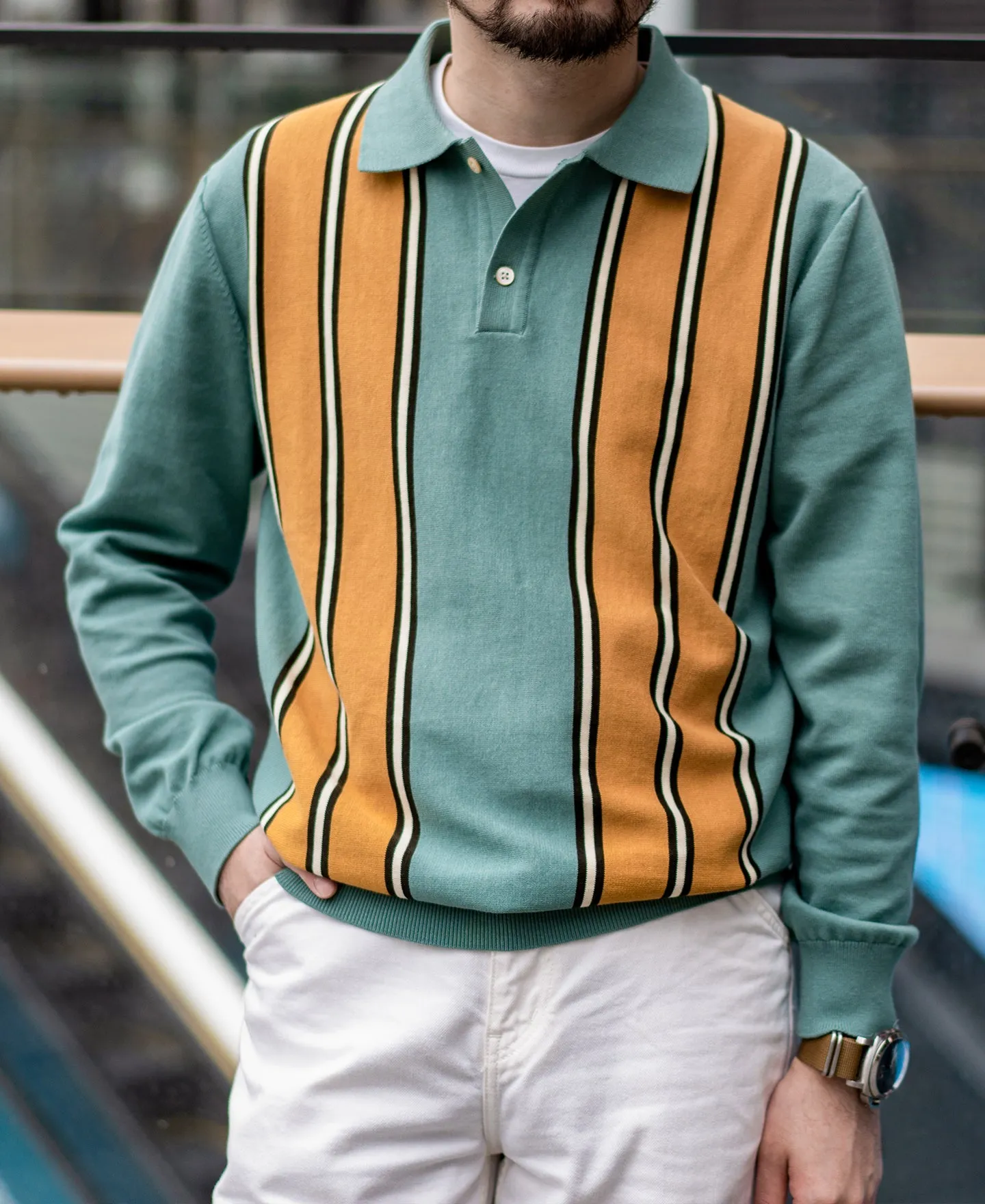 1950s Contrast Stripe Long Sleeve Polo Shirt