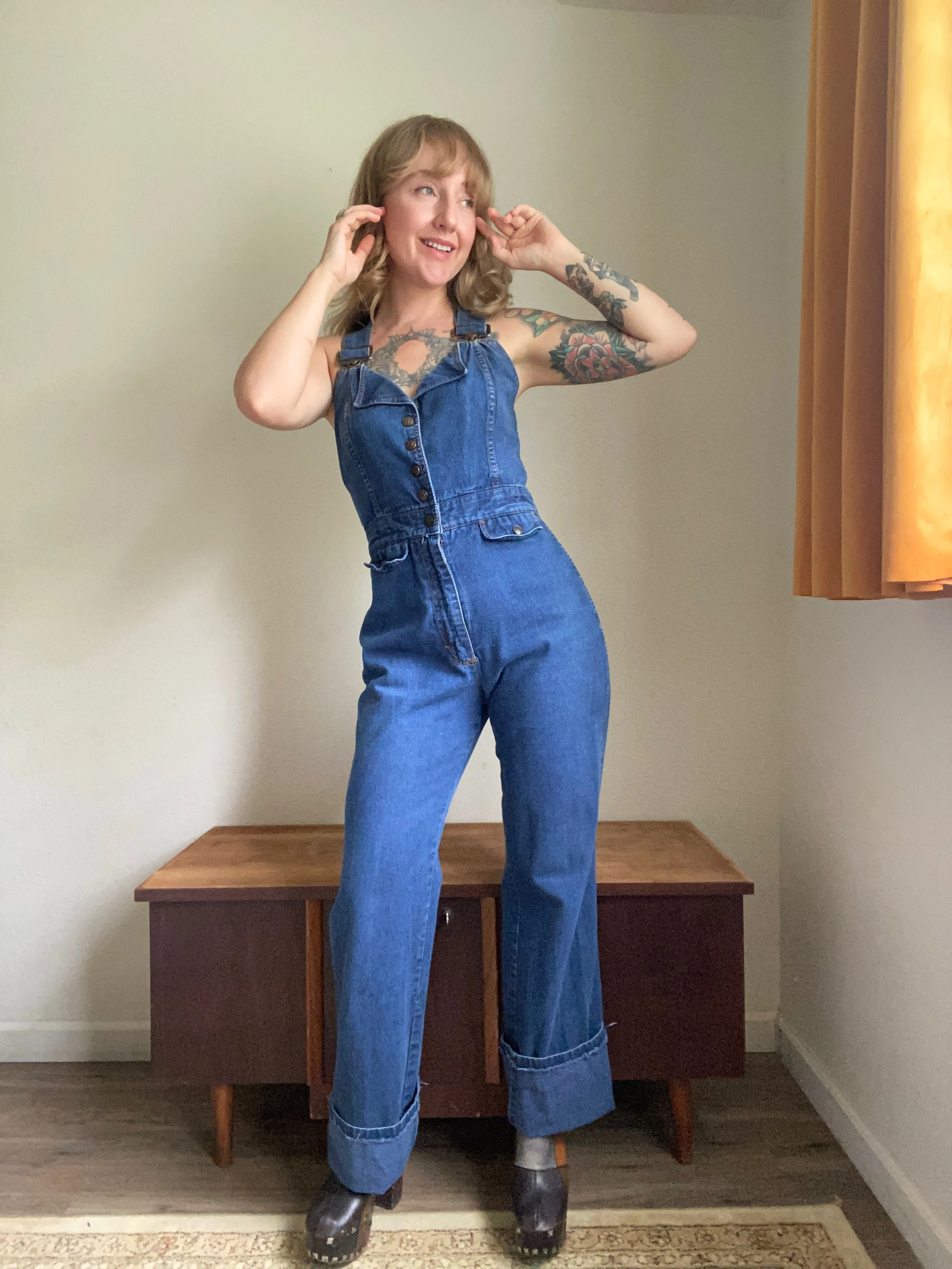 1970s S.O.B. Shades of Blue Denim Overall Jumpsuit size 13