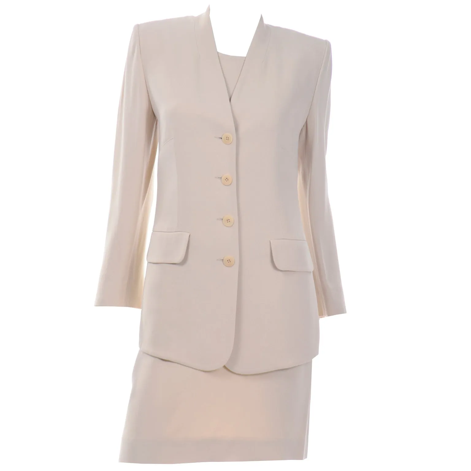 1990s Sonia Rykiel Neutral 3pc Skirt Top and Long Blazer Jacket Suit