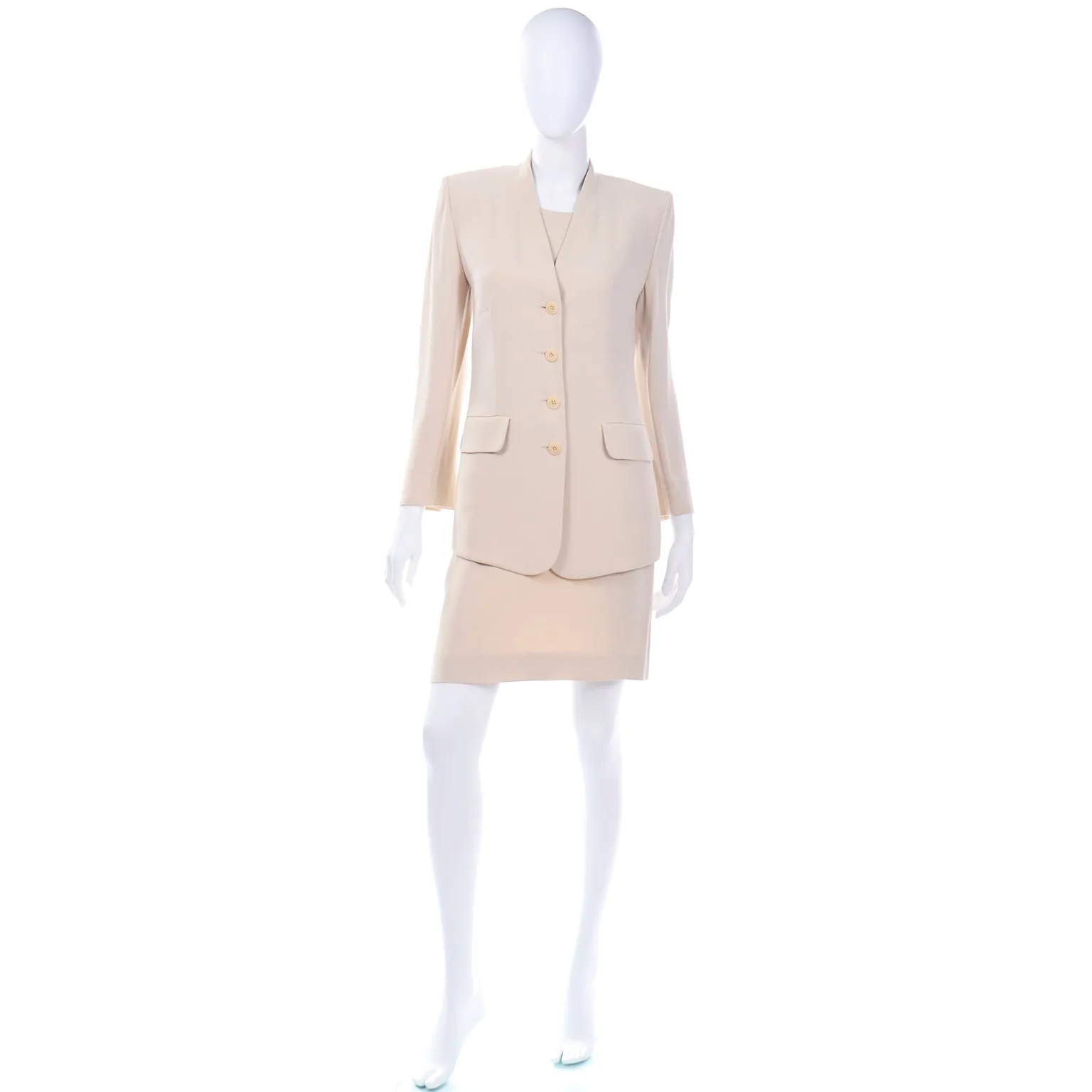 1990s Sonia Rykiel Neutral 3pc Skirt Top and Long Blazer Jacket Suit