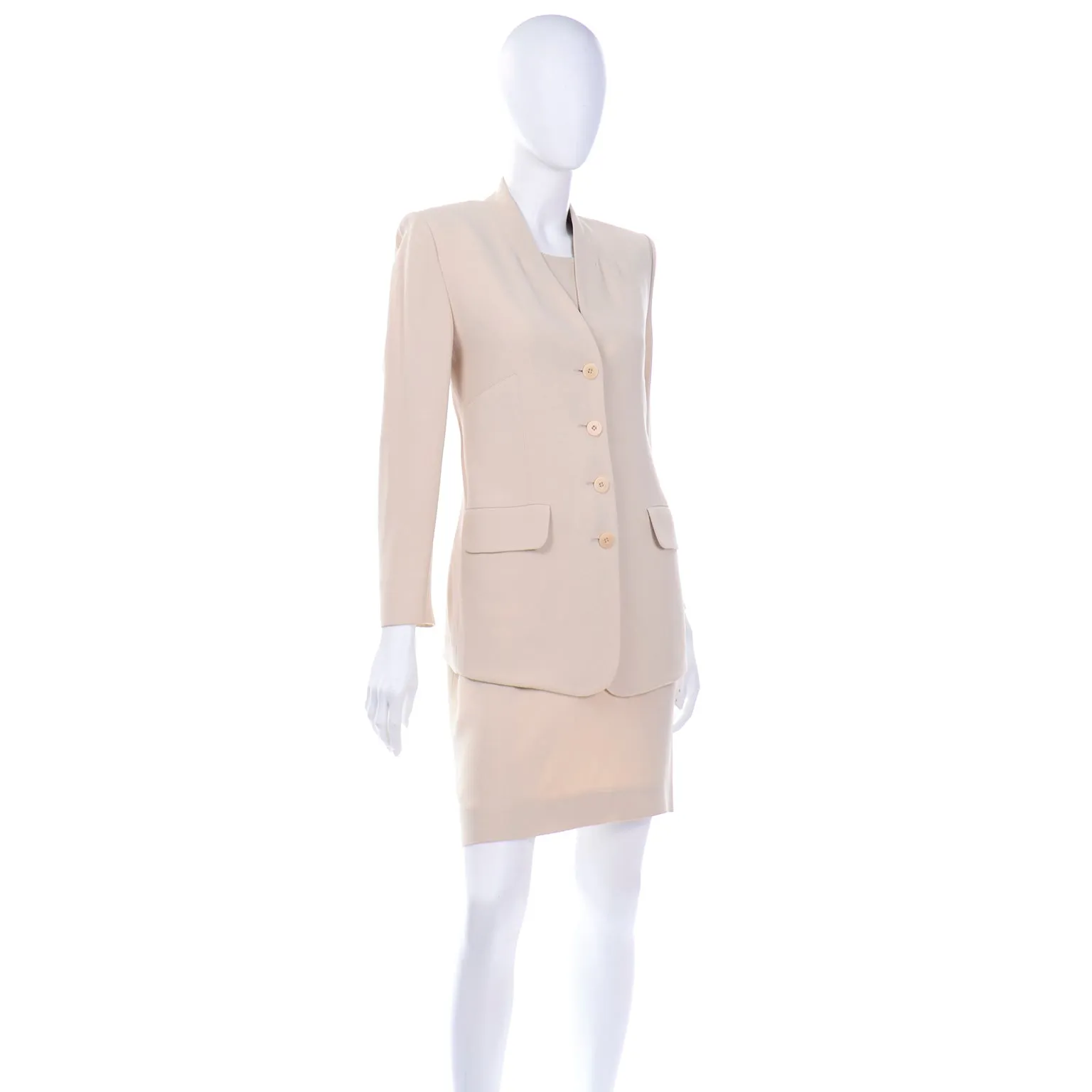 1990s Sonia Rykiel Neutral 3pc Skirt Top and Long Blazer Jacket Suit