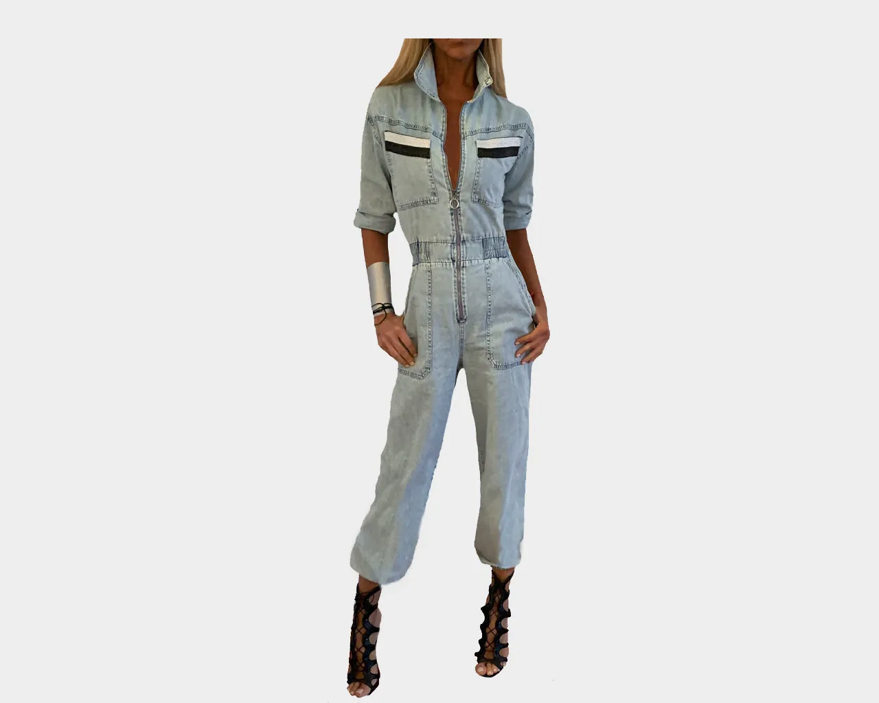 89 Pale Jean Silver & Black Pockets Jumpsuit - The Soho