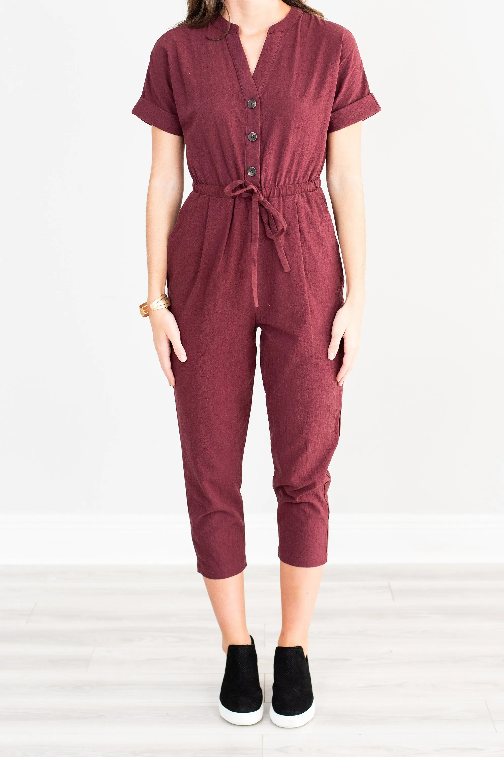 About Time Burgundy Red Cropped Jumpsuit