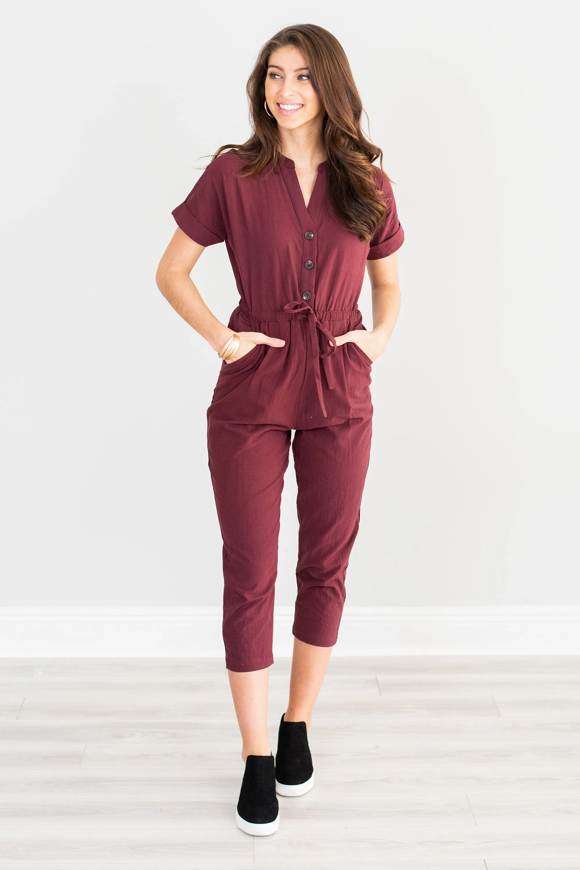 About Time Burgundy Red Cropped Jumpsuit