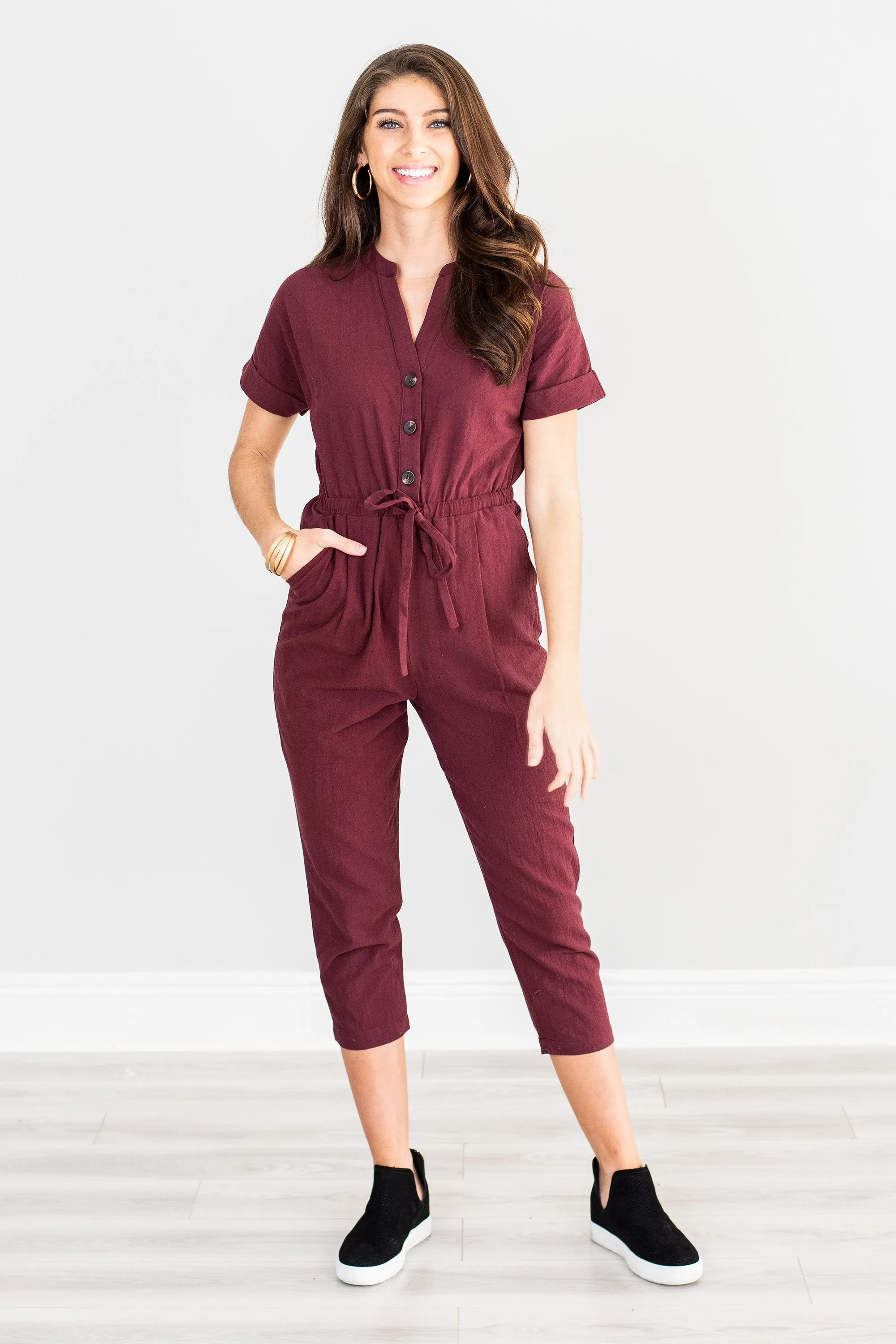 About Time Burgundy Red Cropped Jumpsuit