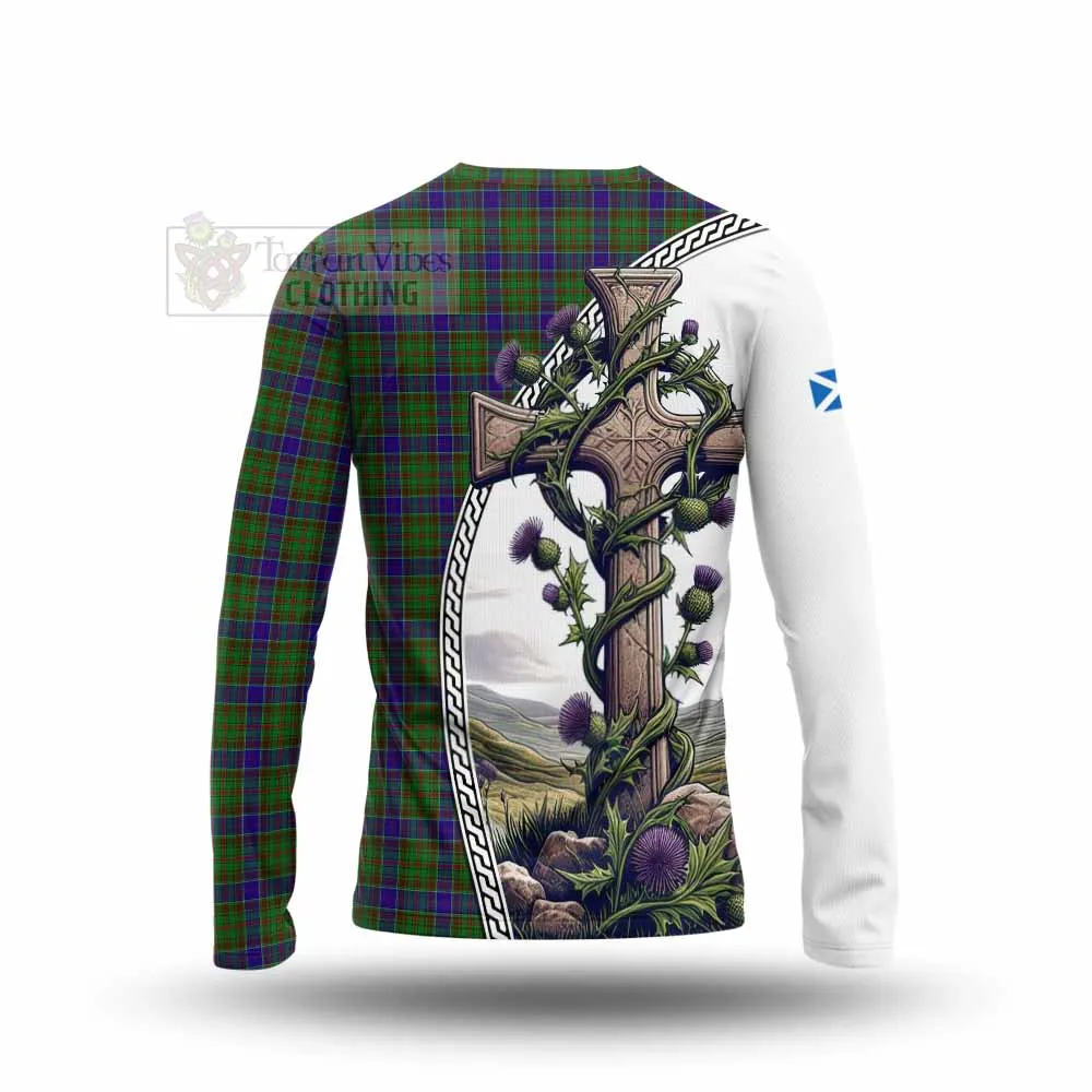 Adam Tartan Long Sleeve T-Shirt with Family Crest and St. Andrew's Cross Accented by Thistle Vines