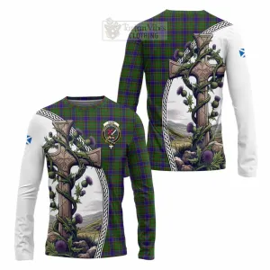 Adam Tartan Long Sleeve T-Shirt with Family Crest and St. Andrew's Cross Accented by Thistle Vines