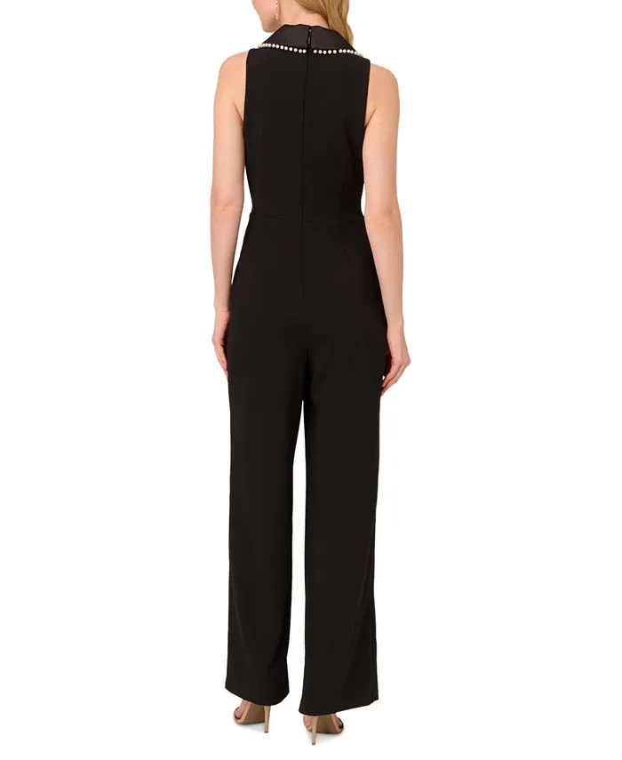 Adrianna Papell Women's Crepe Faux Pearl Crepe Tuxedo Jumpsuit, Black