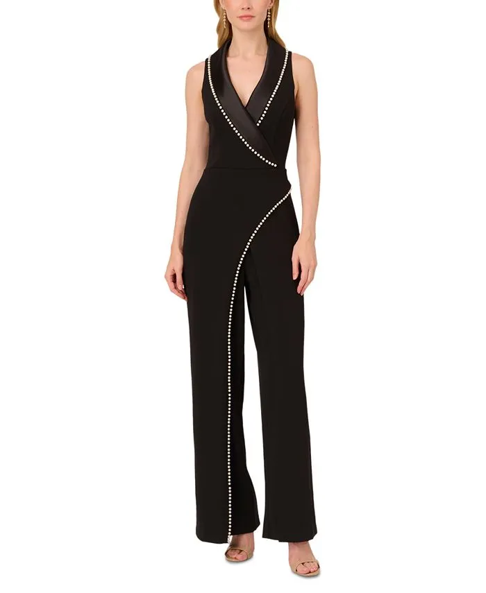 Adrianna Papell Women's Crepe Faux Pearl Crepe Tuxedo Jumpsuit, Black