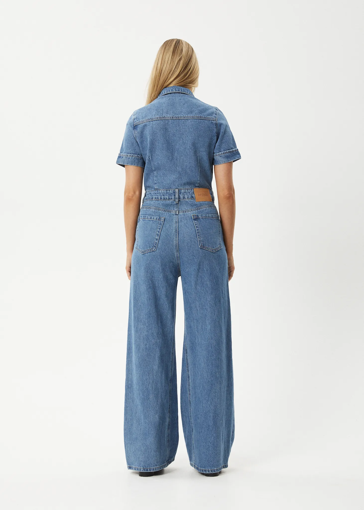 AFENDS Womens Miami - Denim Flared Leg Jumpsuit - Worn Blue