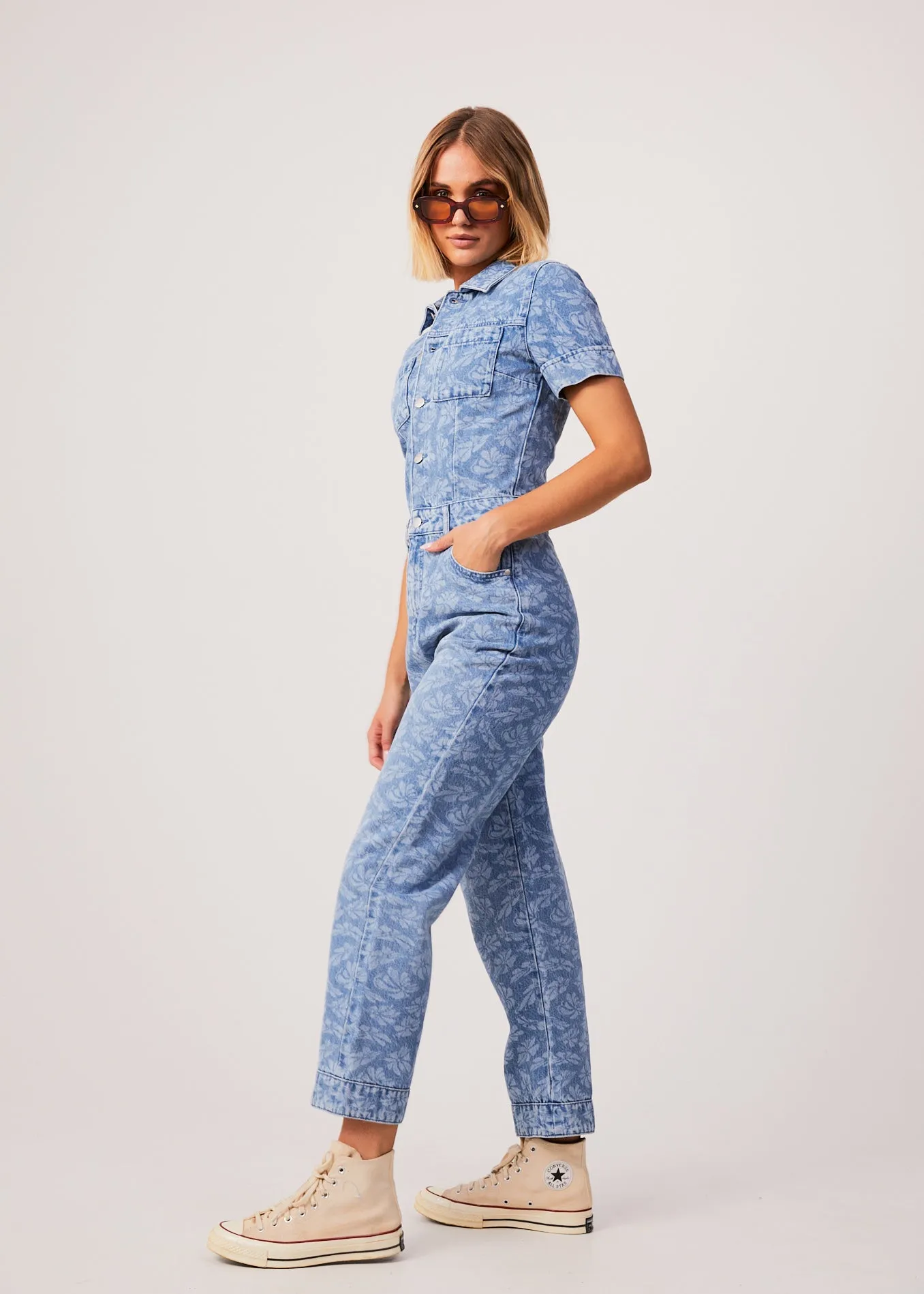 AFENDS Womens Zuri - Denim Floral Jumpsuit - Floral Blue