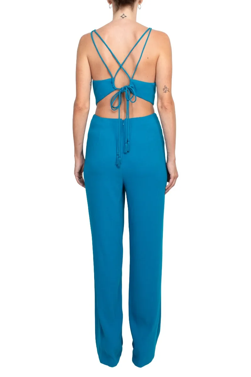 Aidan by Aidan Mattox Spaghetti Strap Cutout Tie Back Solid Crepe Jumpsuit