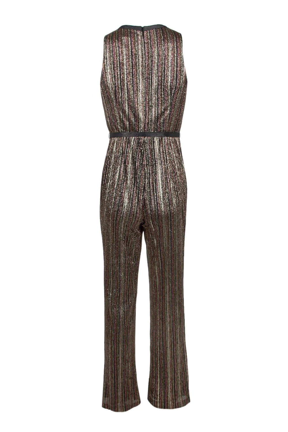 Aidan by Aidan Mattox V-Neck Sleeveless Piping Detail Tie Front Zipper Back Metallic Lurex Jumpsuit