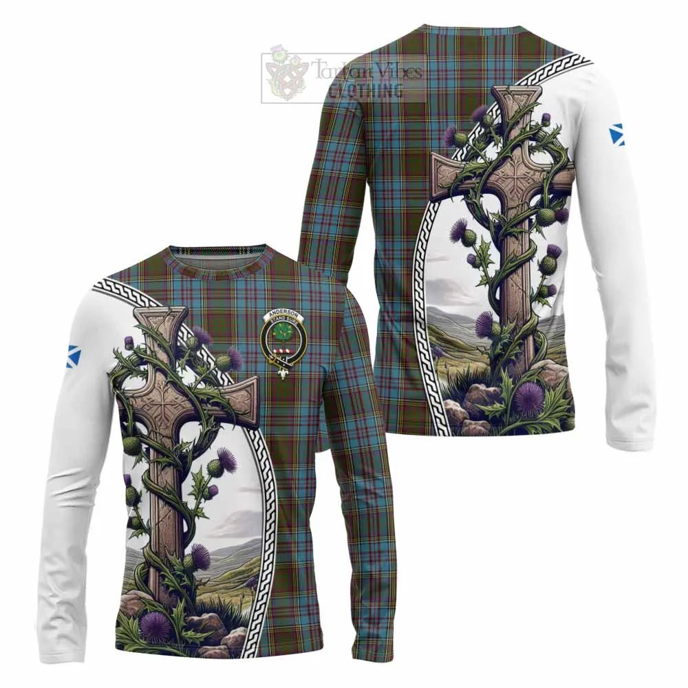 Anderson Tartan Long Sleeve T-Shirt with Family Crest and St. Andrew's Cross Accented by Thistle Vines