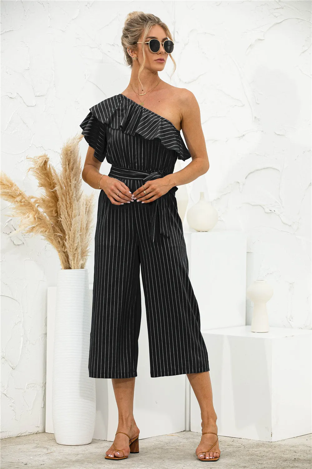 Asymmetric Neck Ruffle Trim Striped Jumpsuit