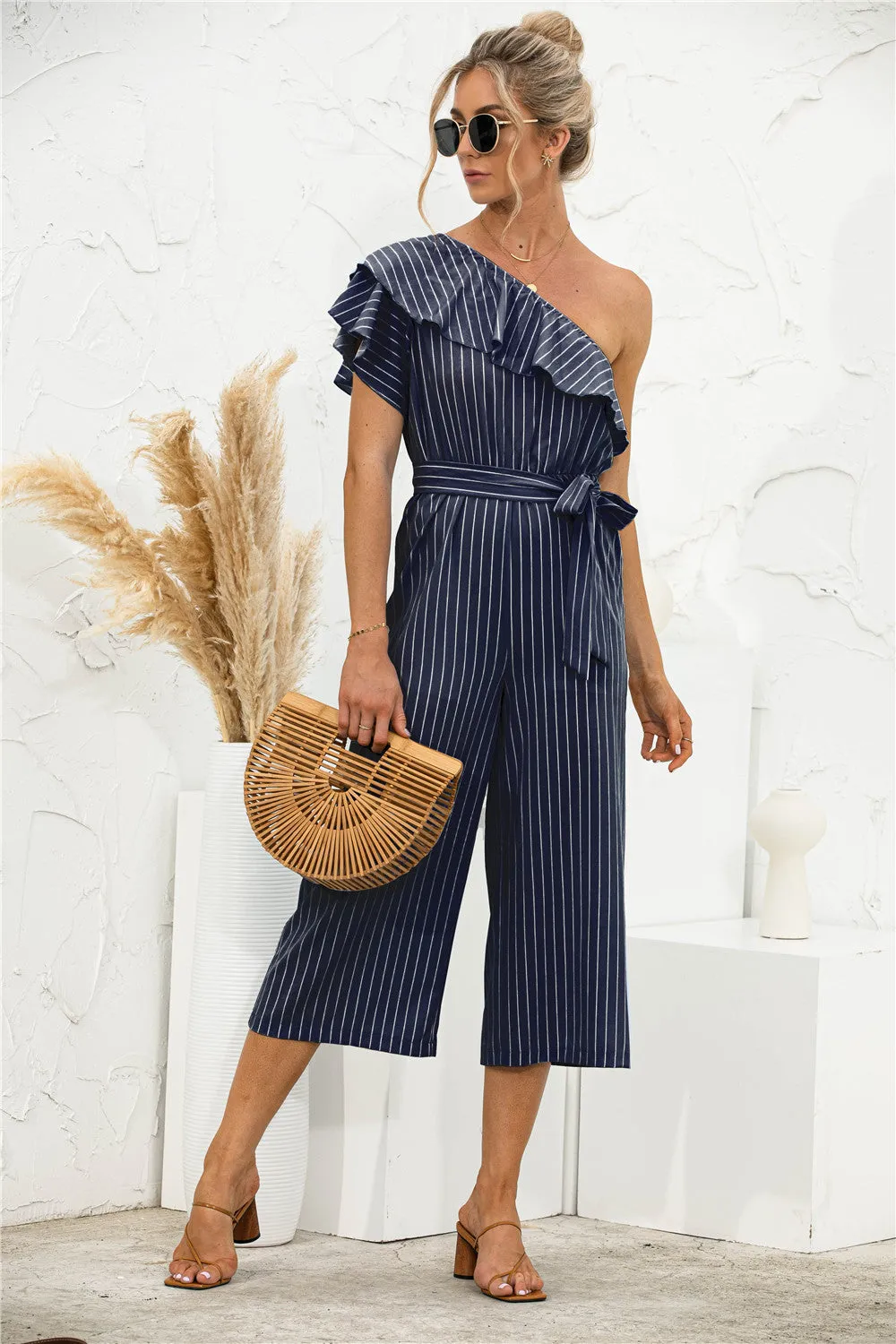 Asymmetric Neck Ruffle Trim Striped Jumpsuit