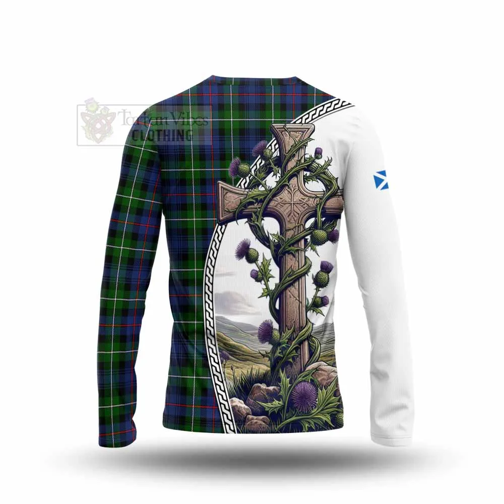 Baillie (Bailey) Tartan Long Sleeve T-Shirt with Family Crest and St. Andrew's Cross Accented by Thistle Vines