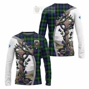 Baillie (Bailey) Tartan Long Sleeve T-Shirt with Family Crest and St. Andrew's Cross Accented by Thistle Vines