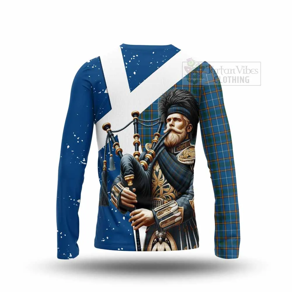 Bain Tartan Long Sleeve T-Shirt with Family Crest Scottish Bagpiper Vibes