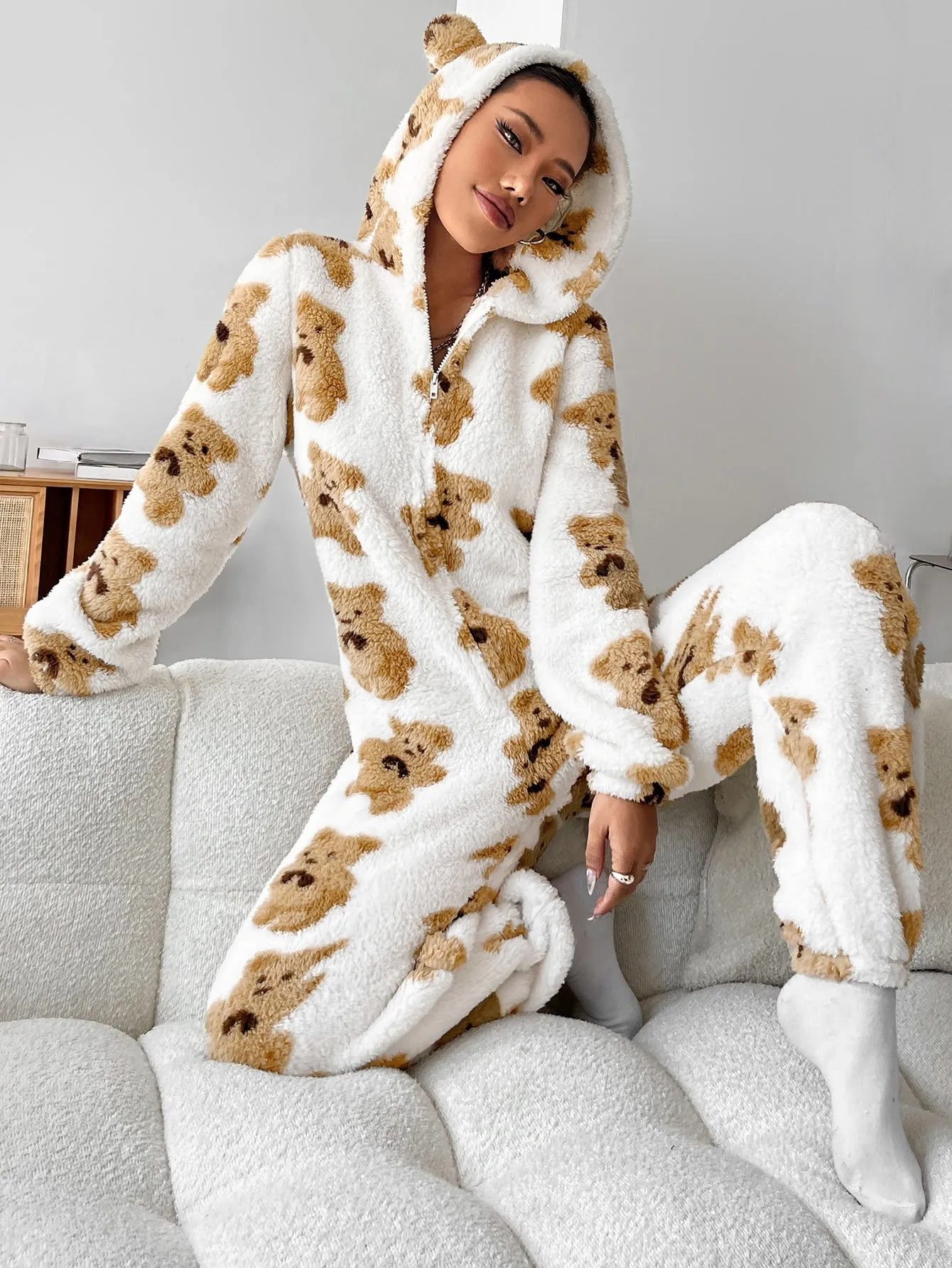 Bear Pattern 3D Ear Design Zipper Hooded Jumpsuit FW23