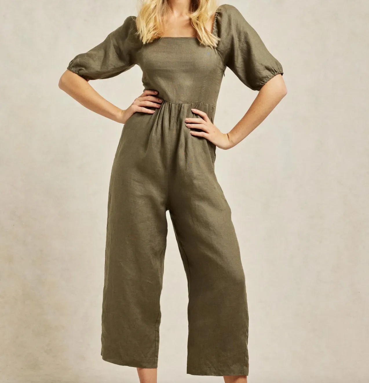 Beaufort & Blake Khaki Linen Puff Sleeve Jumpsuit UK 12