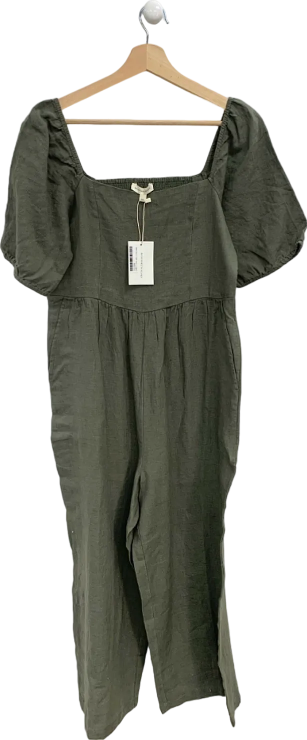 Beaufort & Blake Khaki Linen Puff Sleeve Jumpsuit UK 12