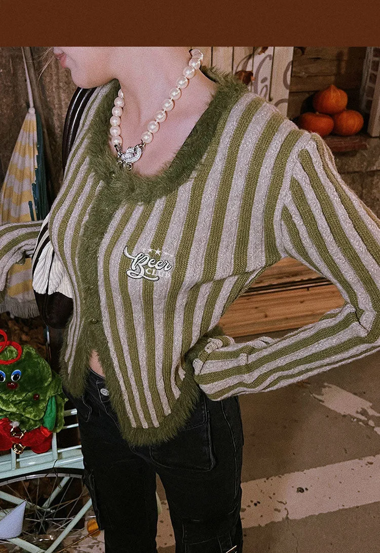 Beer Club Striped Patchwork Long Sleeve Button Up Top