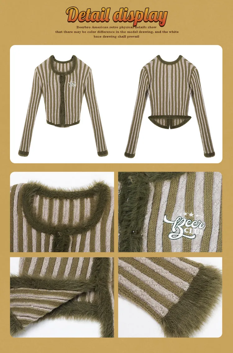 Beer Club Striped Patchwork Long Sleeve Button Up Top