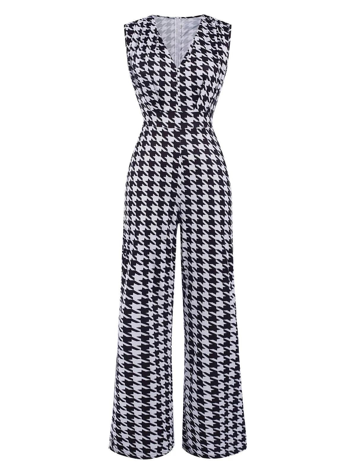 Black 1930s Houndstooth V-Neck Sleeveless Jumpsuit