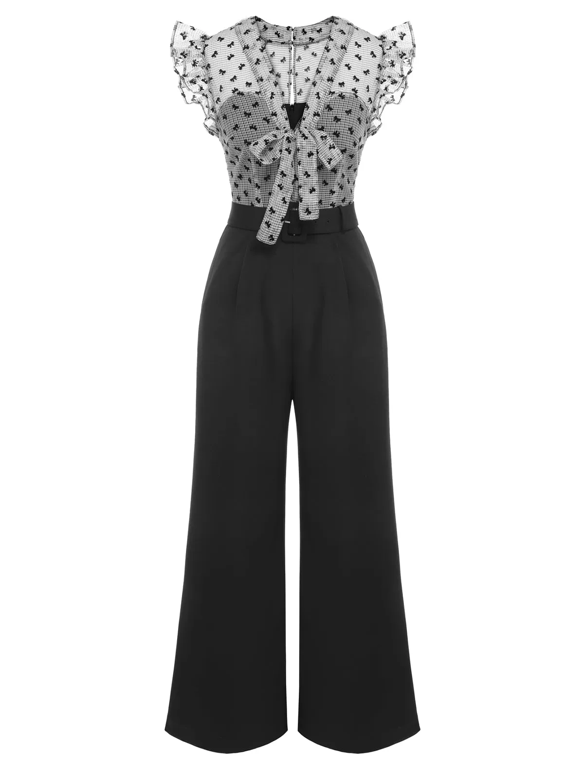 Black 1930s Mesh Bow-knot Patchwork Jumpsuit