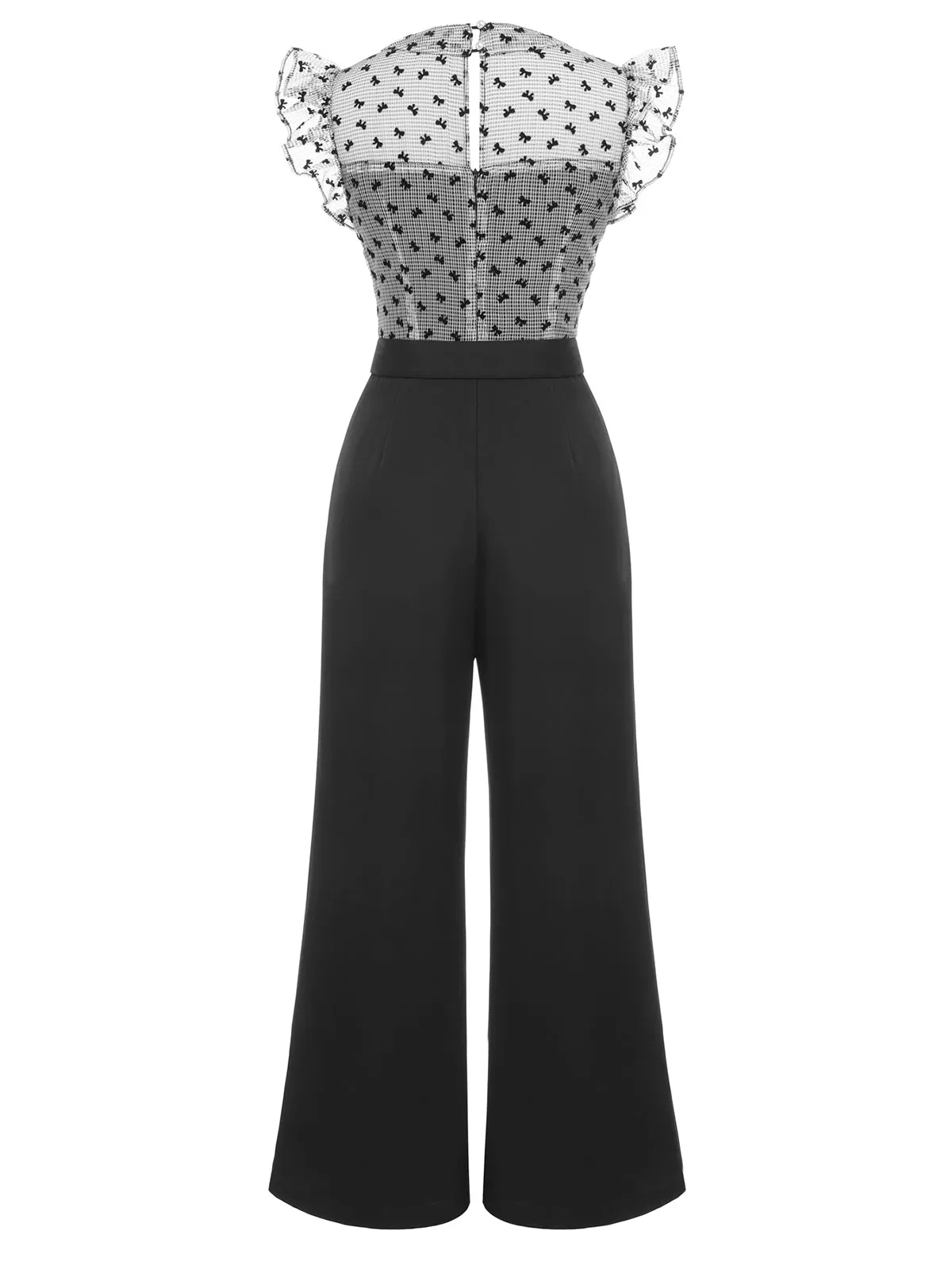 Black 1930s Mesh Bow-knot Patchwork Jumpsuit