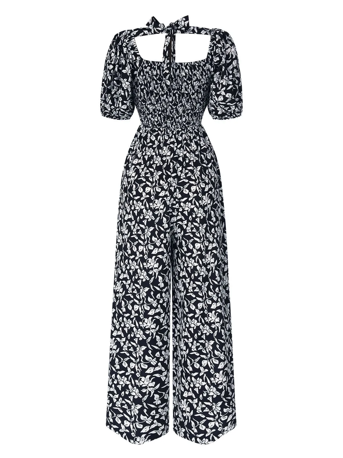 Black 1930s Square Neck Puff Floral Jumpsuit