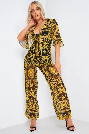 Black and Gold Baroque Tie Front Jumpsuit