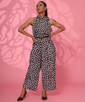 BLACK AND WHITE FLORAL PRINTED JUMPSUIT FOR WOMEN