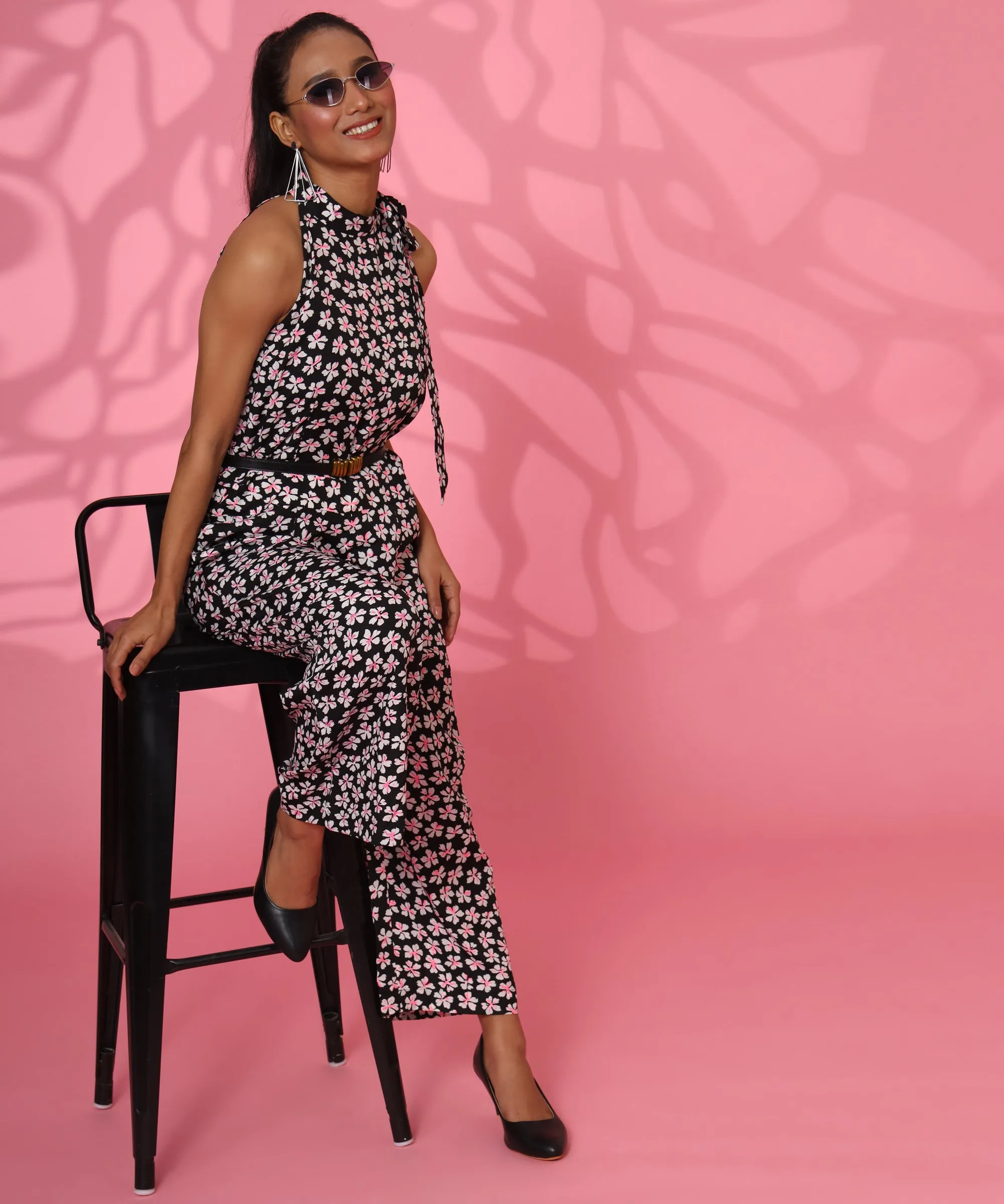 BLACK AND WHITE FLORAL PRINTED JUMPSUIT FOR WOMEN