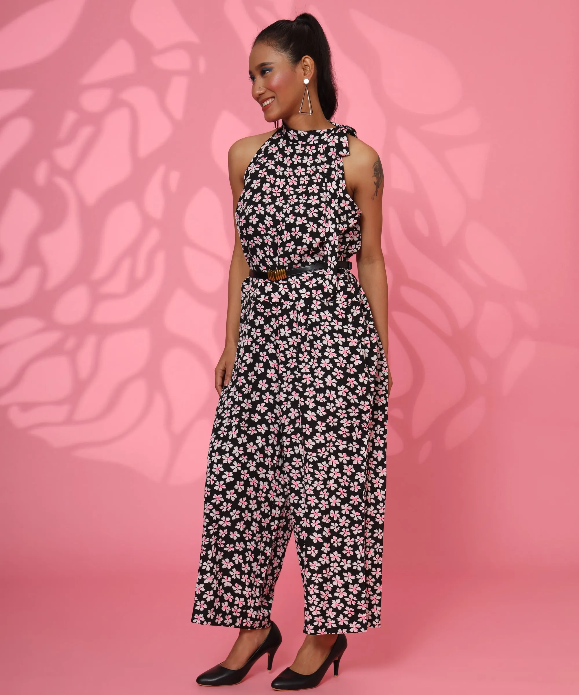 BLACK AND WHITE FLORAL PRINTED JUMPSUIT FOR WOMEN