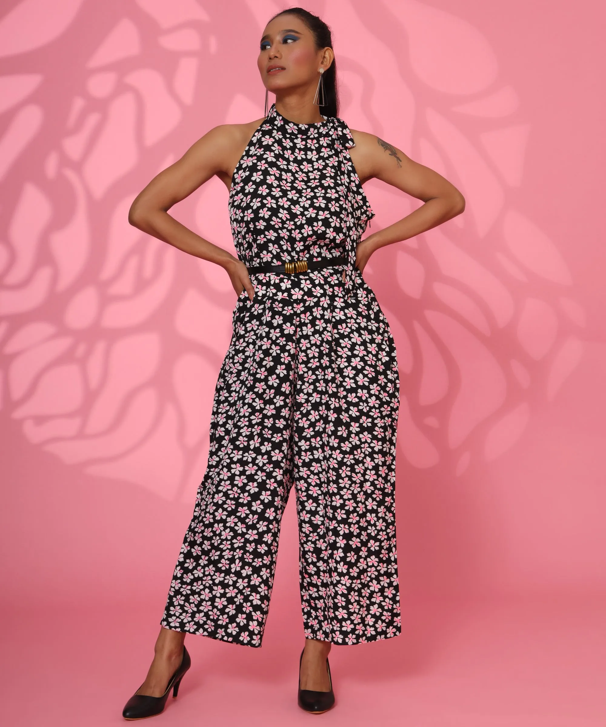 BLACK AND WHITE FLORAL PRINTED JUMPSUIT FOR WOMEN