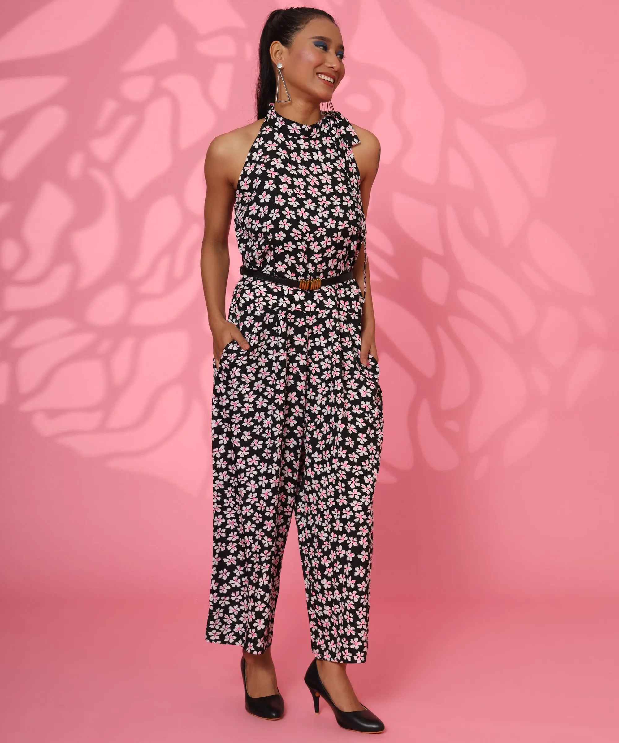 BLACK AND WHITE FLORAL PRINTED JUMPSUIT FOR WOMEN