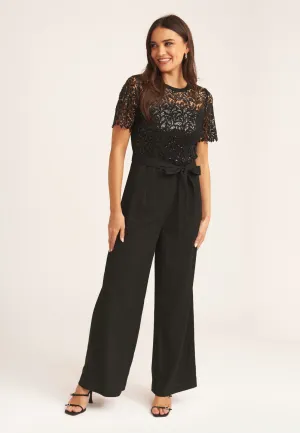 Black Floral Lace Sequin Belted Occasional Jumpsuit