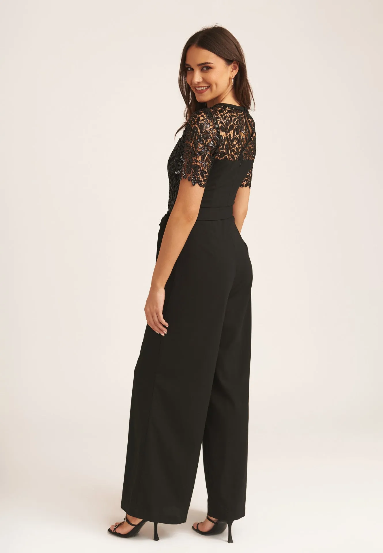 Black Floral Lace Sequin Belted Occasional Jumpsuit