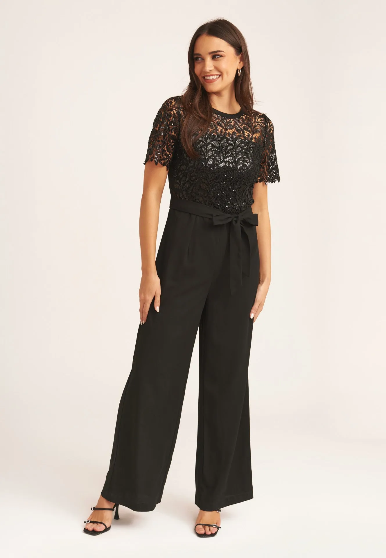 Black Floral Lace Sequin Belted Occasional Jumpsuit