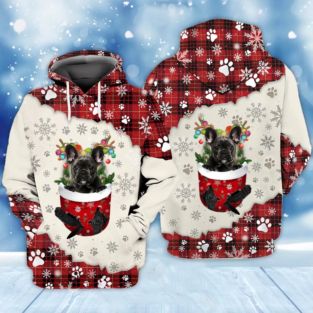 BLACK French Bulldog In Snow Pocket Merry Christmas Unisex Hoodie