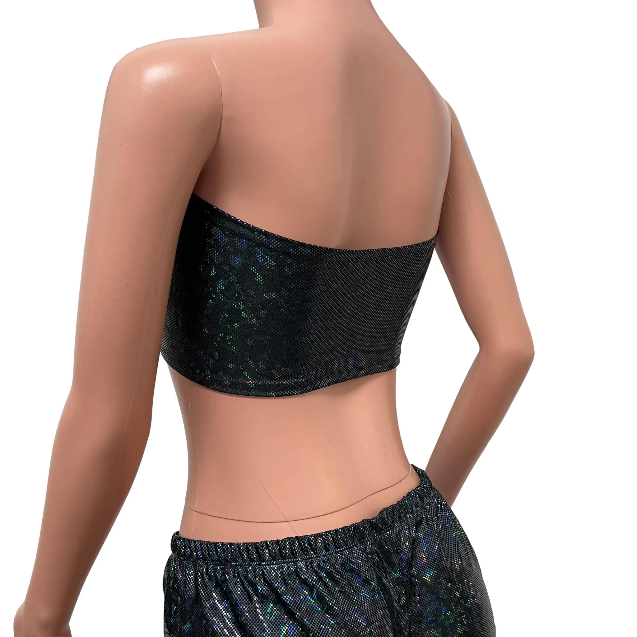 Black Holographic Shattered Glass Lace-up Tube Top Bandeau