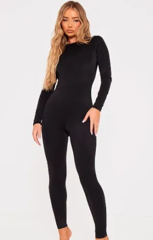 Black Matte Sculpt Long Sleeve Jumpsuit