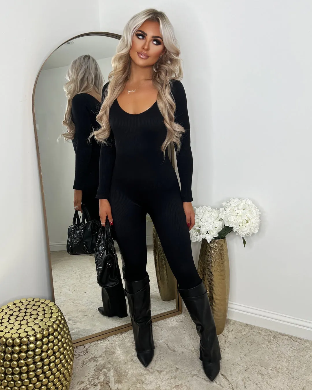 Black Ribbed Long Sleeved Unitard Jumpsuit