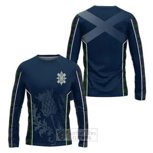 Black Watch Tartan Long Sleeve T-Shirt with Family Crest and Scottish Thistle Vibes Sport Style