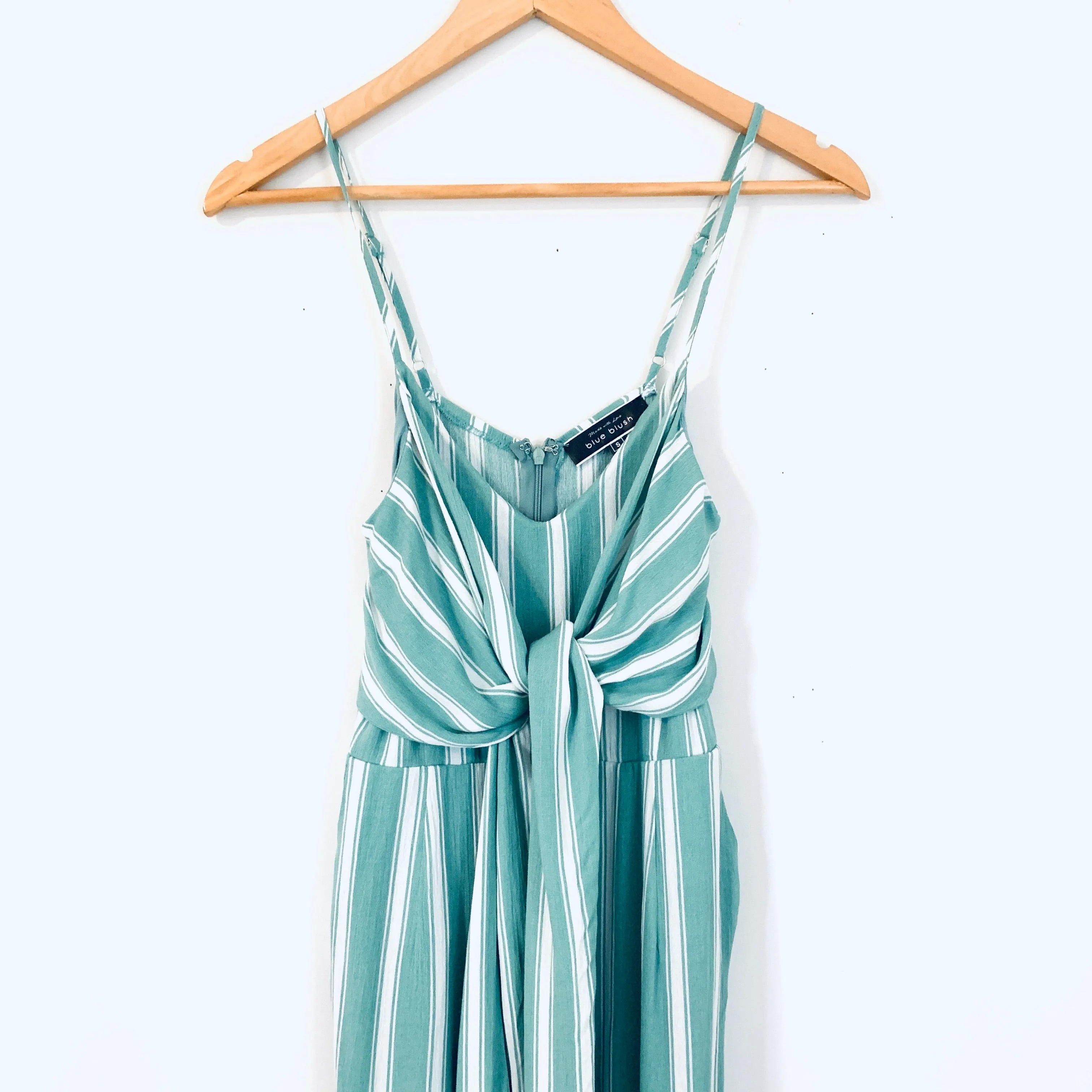 Blue Blush Green/White Striped Tie Front Cropped Jumpsuit with Shorts Lining- Size S